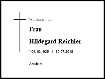 Traueranzeige von Hildegard Reichler von Region Berchtesgadener Land