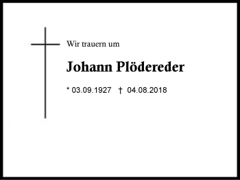 Traueranzeige von Johann Plödereder von Region Berchtesgadener Land