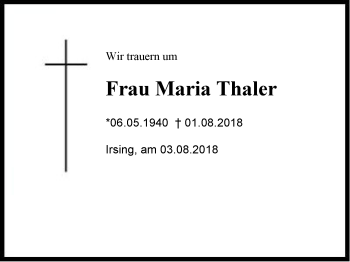 Traueranzeige von Maria Thaler von Region Chiemgau