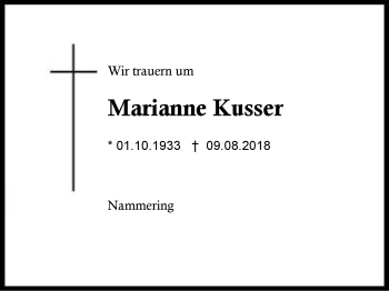 Traueranzeige von Marianne Kusser von Region Berchtesgadener Land