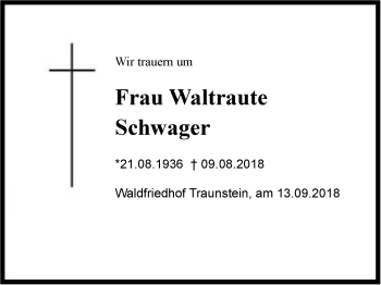 Traueranzeige von Waltraute Schwager von Region Chiemgau