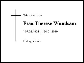 Traueranzeige von Therese Wundsam von Region Berchtesgadener Land