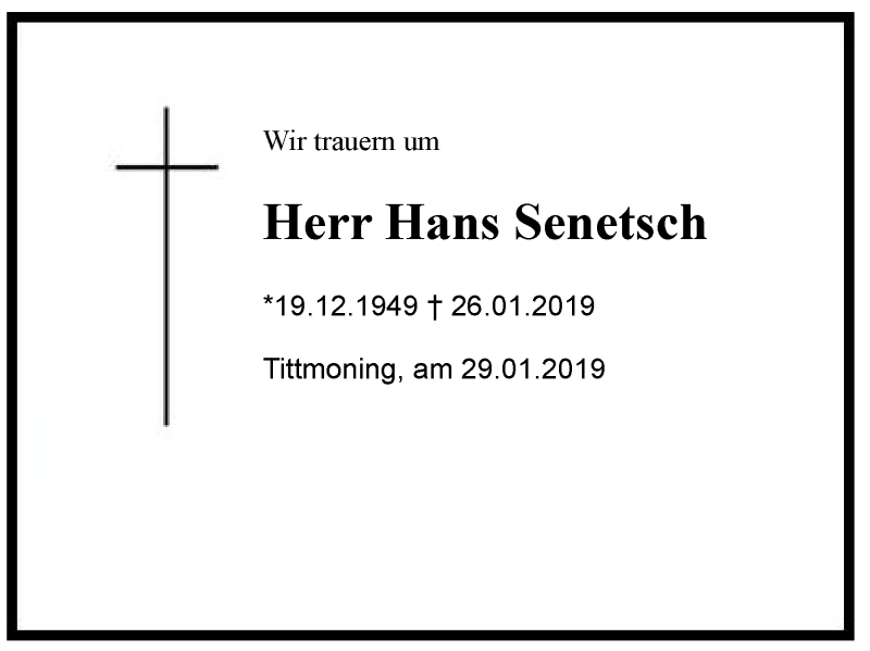  Traueranzeige für Hans  Sentesch vom 29.01.2019 aus Region Chiemgau