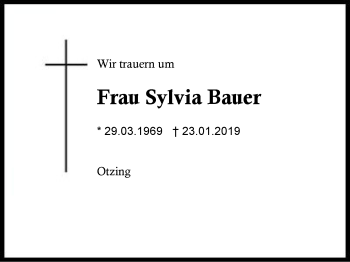 Traueranzeige von Sylvia Bauer von Region Berchtesgadener Land