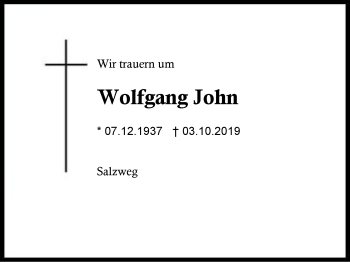 Traueranzeige von Wolfgang John von Region Berchtesgadener Land