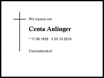 Traueranzeige von Centa Aulinger von Region Berchtesgadener Land