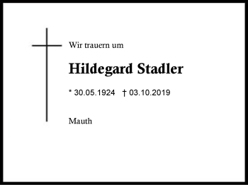 Traueranzeige von Hildegard Stadler von Region Berchtesgadener Land