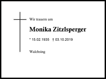 Traueranzeige von Monika Zitzlsperger von Region Berchtesgadener Land