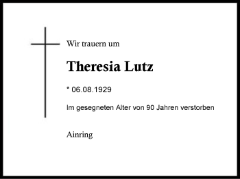 Traueranzeige von Theresia Lutz von Region Berchtesgadener Land