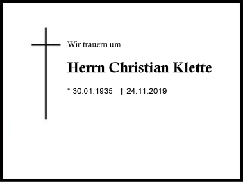 Traueranzeige von Christian Klette von Region Berchtesgadener Land