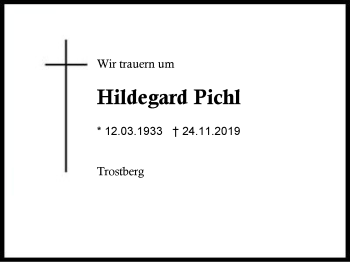 Traueranzeige von Hildegard Pichl von Region Berchtesgadener Land