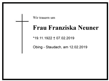 Traueranzeige von Franziska  Neuner von Region Chiemgau