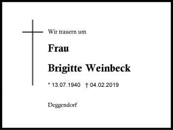 Traueranzeige von Brigitte Weinbeck von Region Berchtesgadener Land
