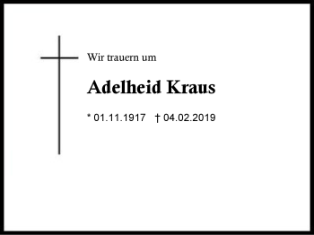 Traueranzeige von Adelheid Kraus von Region Berchtesgadener Land
