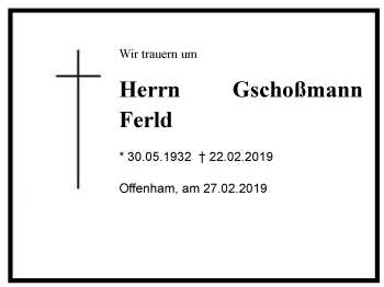 Traueranzeige von Gschoßmann Ferdl von Region Chiemgau
