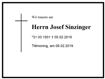 Traueranzeige von Josef  Sinzinger von Region Chiemgau