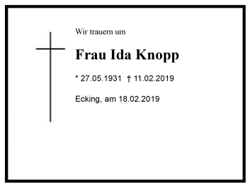Traueranzeige von Ida Knopp von Region Chiemgau