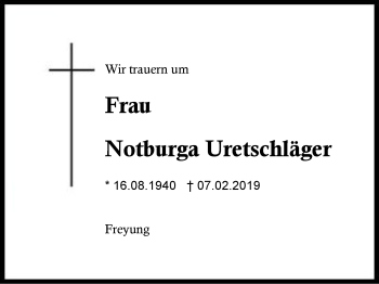 Traueranzeige von Notburga Uretschläger von Region Berchtesgadener Land