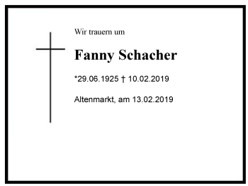 Traueranzeige von Fanny Schacher von Region Chiemgau