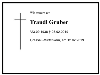 Traueranzeige von Traudl Gruber von Region Chiemgau