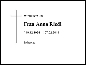 Traueranzeige von Anna Riedl von Region Berchtesgadener Land