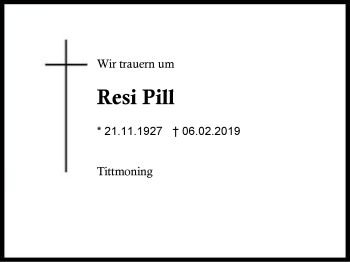 Traueranzeige von Resi Pill von Region Berchtesgadener Land