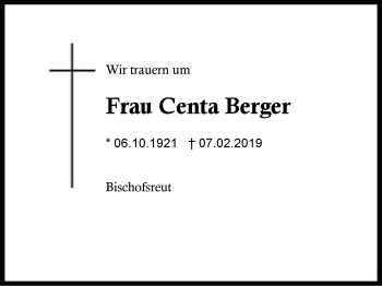 Traueranzeige von Centa Berger von Region Berchtesgadener Land