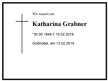 Traueranzeige von Katharina  Grabner von Region Chiemgau