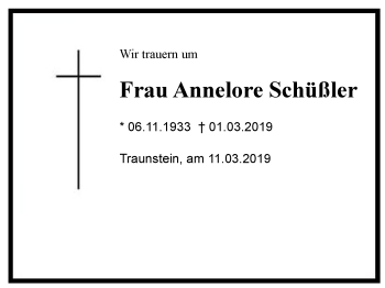 Traueranzeige von Annelore Schüßler von Region Chiemgau