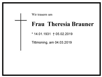 Traueranzeige von Theresia Brauner von Region Chiemgau
