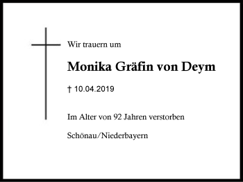 Traueranzeige von Monika Gräfin von Deym von Region Berchtesgadener Land