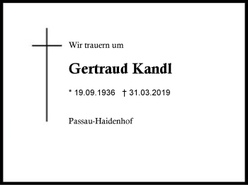Traueranzeige von Gertraud Kandl von Region Berchtesgadener Land