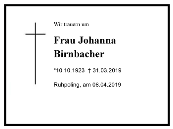 Traueranzeige von Johanna Birnbacher von Region Chiemgau