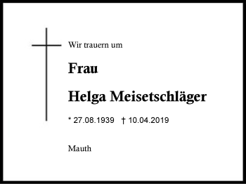Traueranzeige von Helga Meisetschläger von Region Berchtesgadener Land