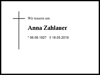 Traueranzeige von Anna Zahlauer von Region Berchtesgadener Land