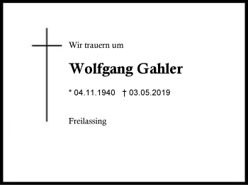 Traueranzeige von Wolfgang Gahler von Region Berchtesgadener Land