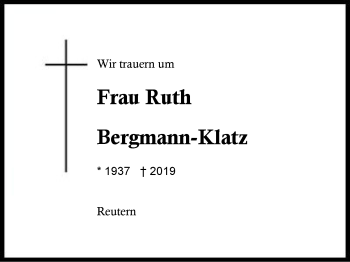 Traueranzeige von Ruth Bergmann-Klatz von Region Berchtesgadener Land