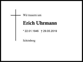 Traueranzeige von Erich Uhrmann von Region Berchtesgadener Land