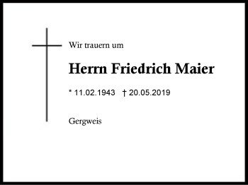 Traueranzeige von Friedrich Maier von Region Berchtesgadener Land