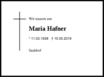 Traueranzeige von Maria Hafner von Region Chiemgau