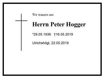 Traueranzeige von Peter Hogger von Region Berchtesgadener Land