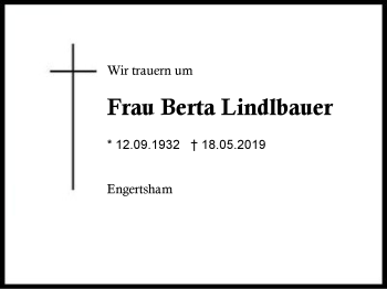 Traueranzeige von Berta Lindlbauer von Region Berchtesgadener Land