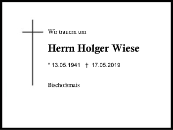 Traueranzeige von Holger Wiese von Region Berchtesgadener Land