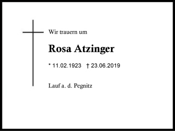 Traueranzeige von Rosa  Atzinger von Region Berchtesgadener Land