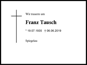 Traueranzeige von Franz  Tausch von Region Berchtesgadener Land