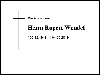 Traueranzeige von Rupert Wendel von Region Berchtesgadener Land