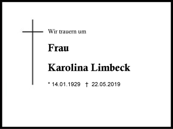 Traueranzeige von Karolina Limbeck von Region Berchtesgadener Land