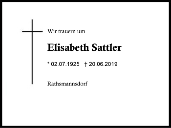 Traueranzeige von Elisabeth Sattler von Region Berchtesgadener Land