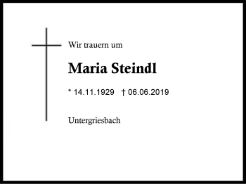 Traueranzeige von Maria Steindl von Region Berchtesgadener Land