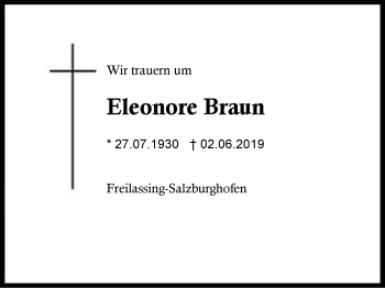 Traueranzeige von Eleonore  Braun von Region Berchtesgadener Land